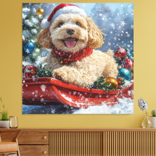Impressão Em Tela Cachorro Cockapoo no Trenó Deixe Nevar Natal