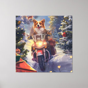 Impressão Em Tela Cachorro Corgi Pilotando Motocicleta Natal