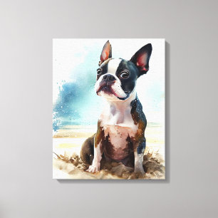 Impressão Em Tela Cachorro de Boston Fofo na Praia