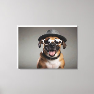 Impressão Em Tela Cachorro engraçado com óculos e chapéu
