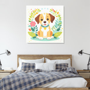 Impressão Em Tela Cachorro Fofo e Flores Coloridas para Crianças