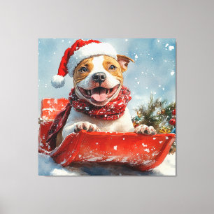 Impressão Em Tela Cachorro Pitbull no Trenó Deixe Nevar Natal