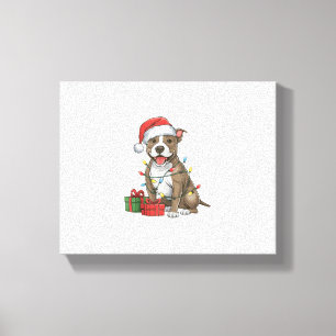 Impressão Em Tela Cachorro Pitbull Terrier com Chapéu de Natal Ilumi