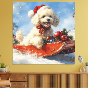 Impressão Em Tela Cachorro Poodle no Trenó Deixe Nevar Natal