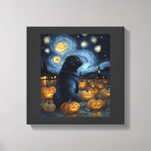 Impressão Em Tela Cachorro Pug preto da noite estrelada de van gogh