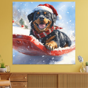 Impressão Em Tela Cachorro Rottweiler no Trenó Deixe Nevar Natal