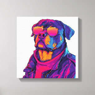 Impressão Em Tela Cachorro Rottweiler Retrô � Vibração Neon dos Anos