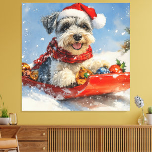Impressão Em Tela Cachorro Schnauzer no Trenó Deixe Nevar Natal