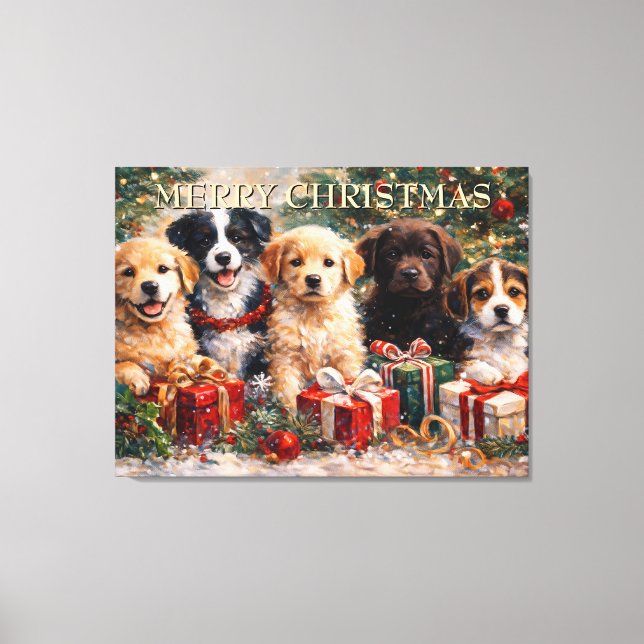 Impressão Em Tela Cachorros de Natal com Presentes Debaixo da Árvore (Frente)