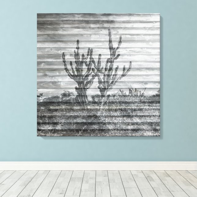Impressão Em Tela Cactus Plants On Wood Planks Black And White Photo (Insitu(piso de madeira))