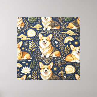 Impressão Em Tela Cães Corgi Elegantes Padrão Damasco Dourado Azul N