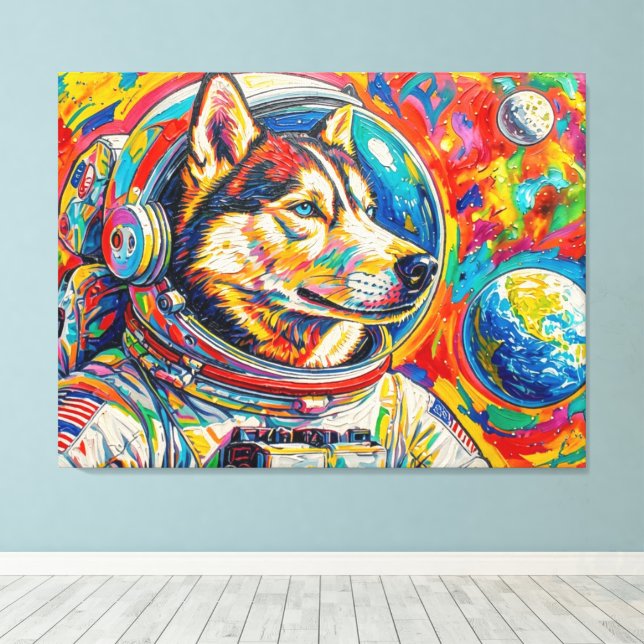 IMPRESSÃO EM TELA CÃES NO ESPAÇO-HUSKY 4 (Insitu(piso de madeira))