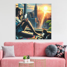 Impressão Em Tela Café Bebendo feminino em Sunrise na cidade