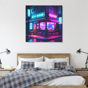 Impressão Em Tela Café Coreano Neon LoFi Arte 