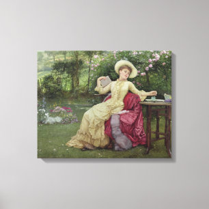 Impressão Em Tela Café e leitura do bebendo no jardim (w/c sobre