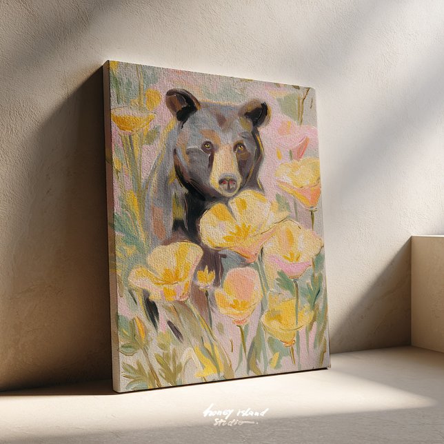 Impressão Em Tela California Bear with Poppies & Wildflowers Art Pri (california bear, poppy art print, state flower art, wildflower decor, california art, botanical wall)
