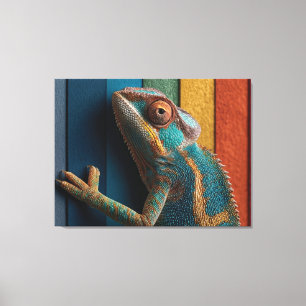 Impressão Em Tela Camaleão Colorido em Fundo de Arco-íris