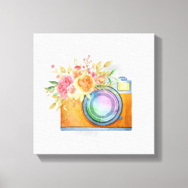 Impressão Em Tela Câmera Laranja Boho e Buquê Floral Aquarela