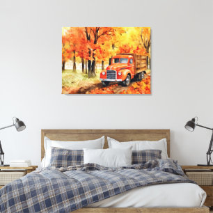 Impressão Em Tela Caminhão Vintage Laranja em Outono 32x24