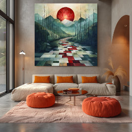 Impressão Em Tela Caminho Abstrato da Montanha com Sol Vermelho e Ge