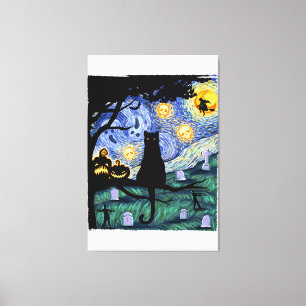 Impressão Em Tela Camisa Gato, Tee Gato Noturno Assustador, Van Gogh