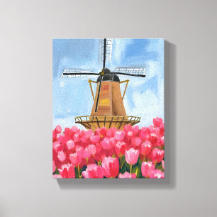 Impressão Em Tela Campo de Flores de Tulipa Moinho de Vento Holandês