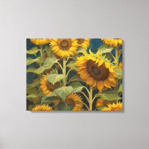 Impressão Em Tela Campo de girassol com pintura de fundo azul