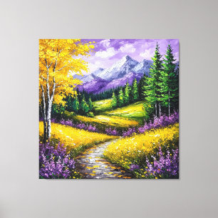 Impressão Em Tela Campos Amarelos, Flores, Montanhas Cobiertas de Ne