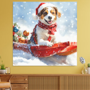 Impressão Em Tela Cão Brittany Spaniel em Trineo de Natal