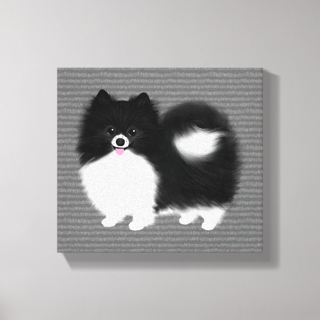 Impressão Em Tela Cão de Cartoon Negro e Branco da Pomerânia (Frente)