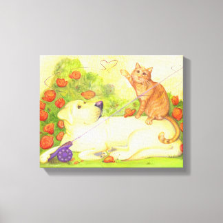 Impressão Em Tela Cão e gato de pesca/Canvas 14" x 11"