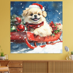Impressão Em Tela Cão Pequinês no Trenó Deixe Nevar Natal
