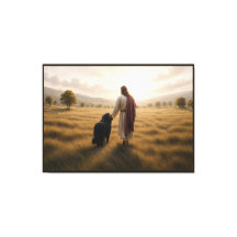 Cão Terra Nova caminhando com Jesus