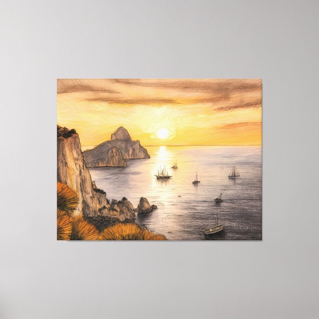 Impressão Em Tela Capri faraglioni rocks ocean sunset drawing with s (Frente)