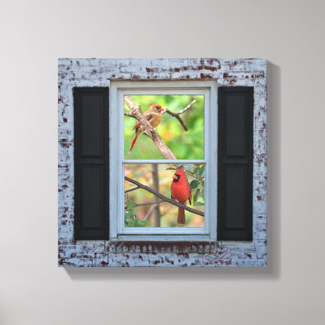 Impressão Em Tela Cardeais masculinos e femininos em Parede de tijol (Frente)