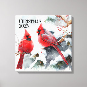 Impressão Em Tela Cardeais na Árvore Neve um Natal Personalizável
