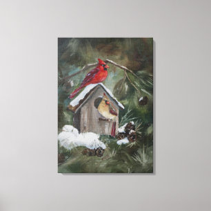 Impressão Em Tela Cardeais no Birdhouse nevado