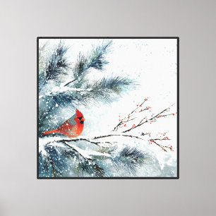 Impressão Em Tela Cardinal Vermelho no Ramo de Pinheiro Nevado