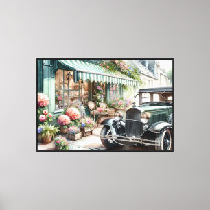 Impressão Em Tela Carro Antigo e Charmoso Loja de Flores Aquarela