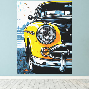 Impressão Em Tela Carro Clássico Amarelo Retro Frente Arte Pop