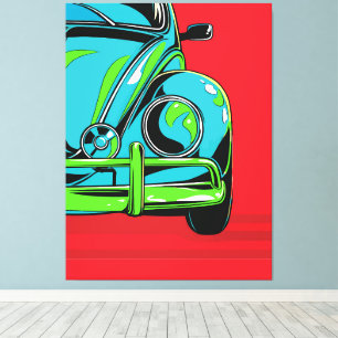 Impressão Em Tela Carro Esportivo Turquesa Retro na Frente Pop Art