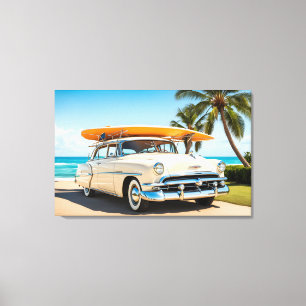 Impressão Em Tela Carro vintage na praia com conselho surf