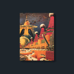 Impressão Em Tela Carro Voador de Cidade Futurista de Ficção Científ<br><div class="desc">Ilustração vintage de viagem e transporte com imagem de ficção científica com cenário urbano retrô de história em quadrinhos clássica com uma cidade do futuro. Os edifícios arquitetônicos têm forma de cones e os veículos estão voando no céu como pássaros, enquanto multidões de pessoas se movem pela metrópole.</div>