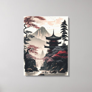 Impressão Em Tela Cartaz de Paisagem de Templo Japonês – Montanha Ze