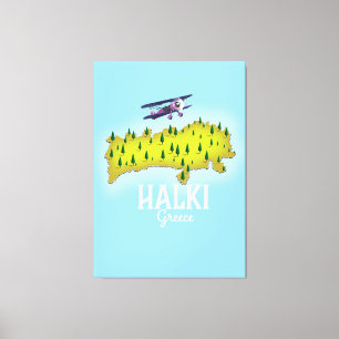 Impressão Em Tela Cartaz de viagem ilustrado do mapa da Grécia Halki