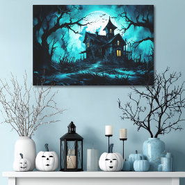 Impressão Em Tela Casa Assombrada de Halloween ao Crepúsculo Azul