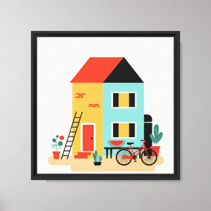 Impressão Em Tela Casa com um telhado vermelho e preto