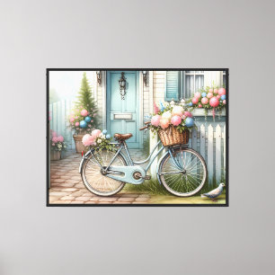 Impressão Em Tela Casa de Bicicleta Cottage Azul com Cesto de Flores
