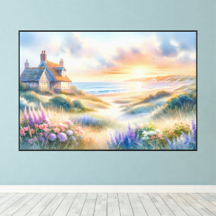 Impressão Em Tela Casa de Praia ao Pôr do Sol Dunas Aquarela
