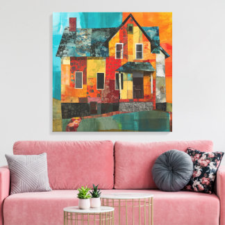 Impressão Em Tela Casa feita de uma colagem de peças e texturas